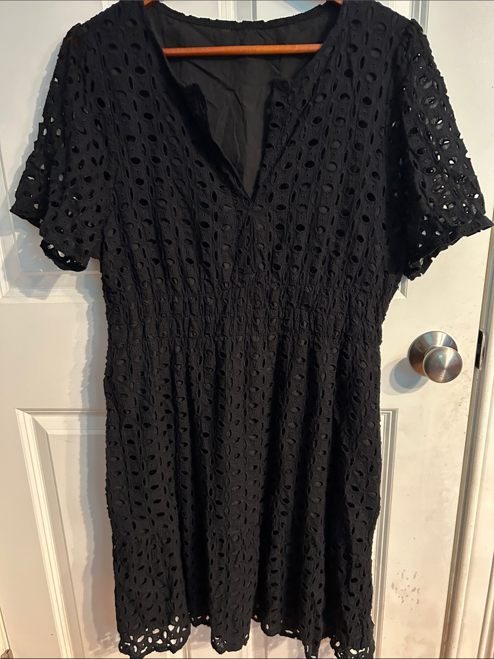 Black Eyelet V-Neck Short Sleeve Dress